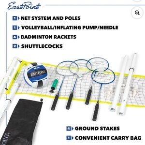 Volleyball and Badminton Set - Adjustable Height Net w/ All Accessories